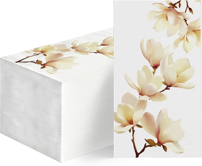 Decorative Disposable Guest Towels 100 Pack | Magnolia Floral Bathroom Napkins | Soft Linen-Feel Hand Towels for Party, Kitchen & Bathroom Use