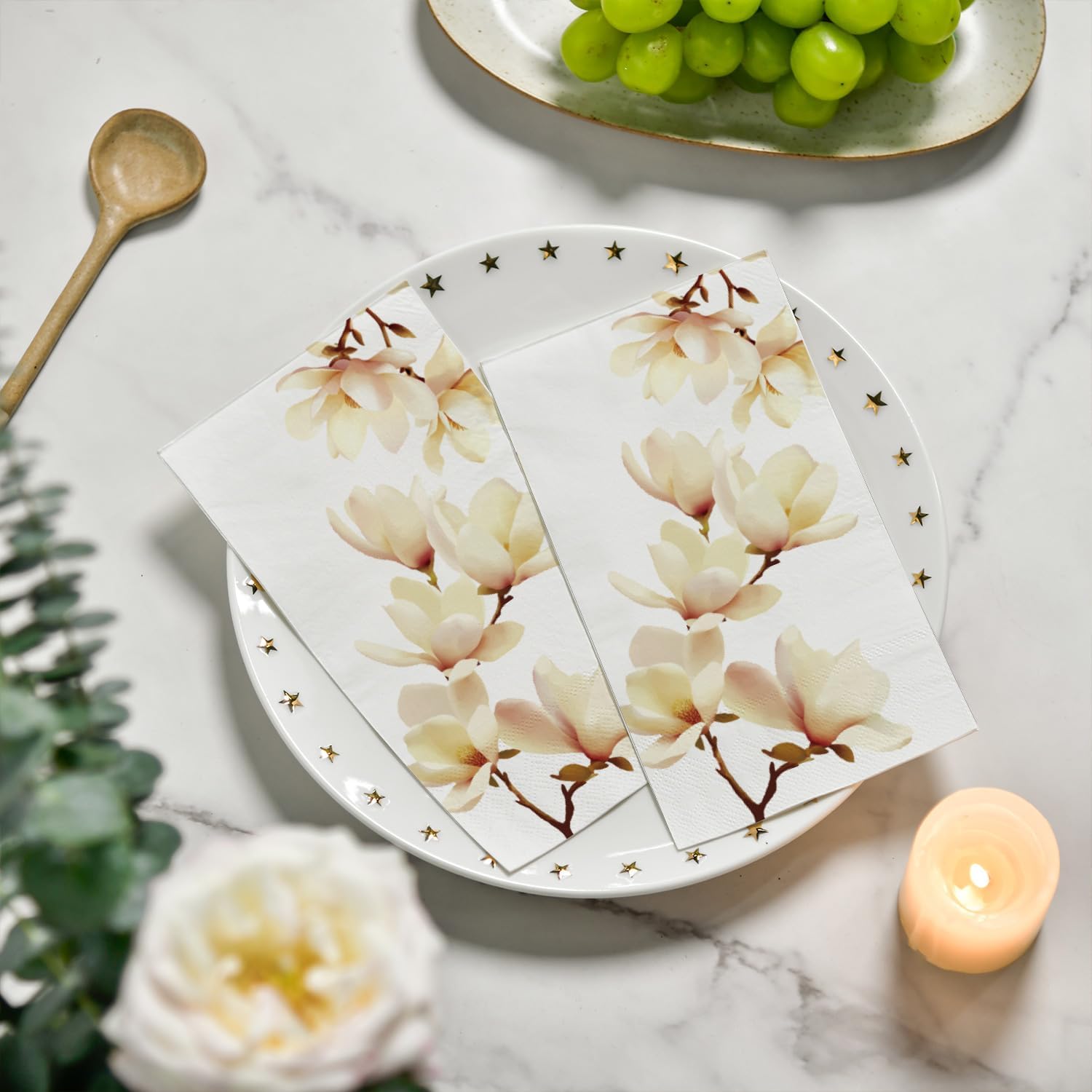 Decorative Disposable Guest Towels 100 Pack | Magnolia Floral Bathroom Napkins | Soft Linen-Feel Hand Towels for Party, Kitchen & Bathroom Use