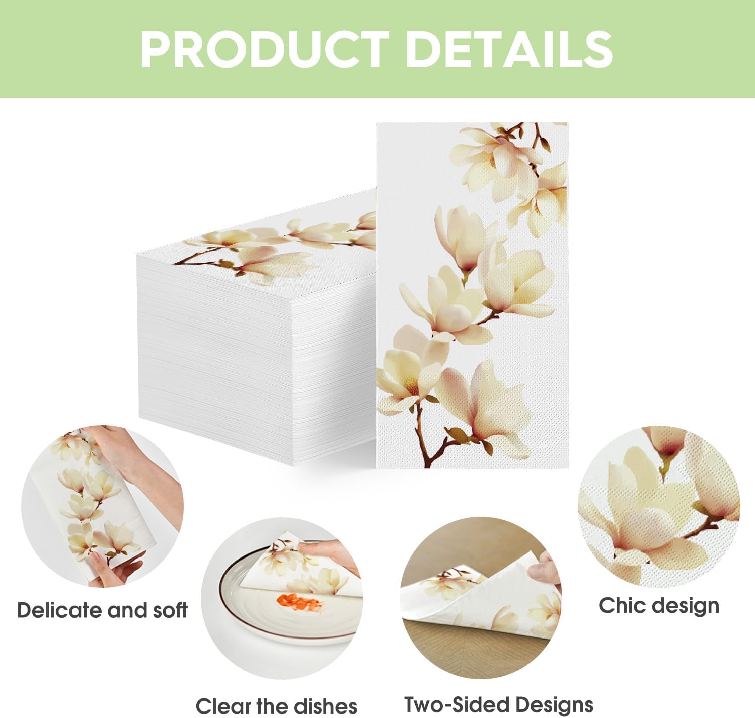 Decorative Disposable Guest Towels 100 Pack | Magnolia Floral Bathroom Napkins | Soft Linen-Feel Hand Towels for Party, Kitchen & Bathroom Use