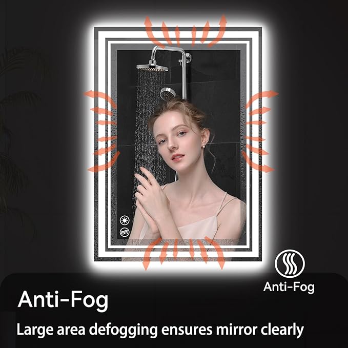 Dry Vibe 24x36 LED Bathroom Mirror, Dimmable Front & Backlit, Anti-Fog, 3 Color Lighting, Wall Mounted