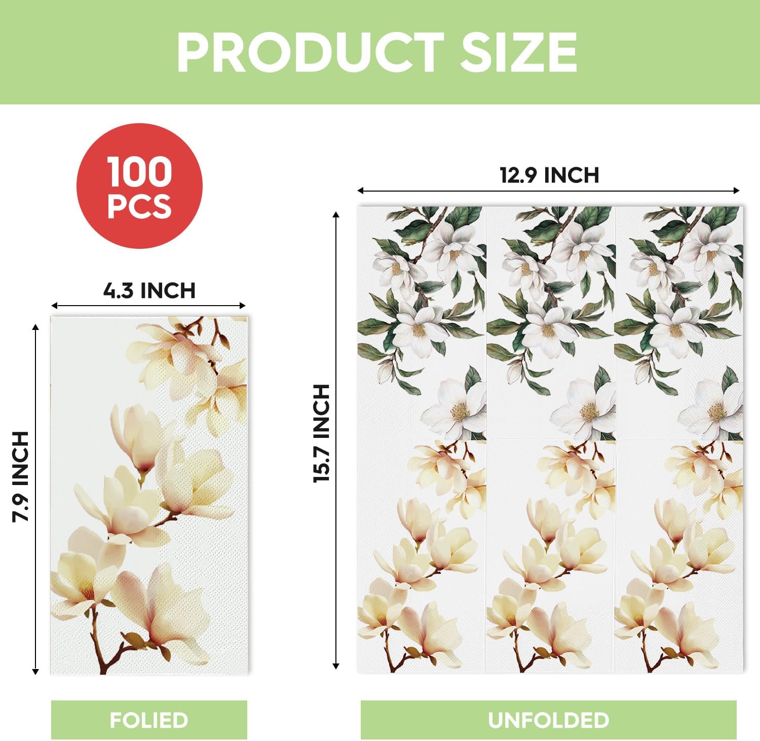 Decorative Disposable Guest Towels 100 Pack | Magnolia Floral Bathroom Napkins | Soft Linen-Feel Hand Towels for Party, Kitchen & Bathroom Use