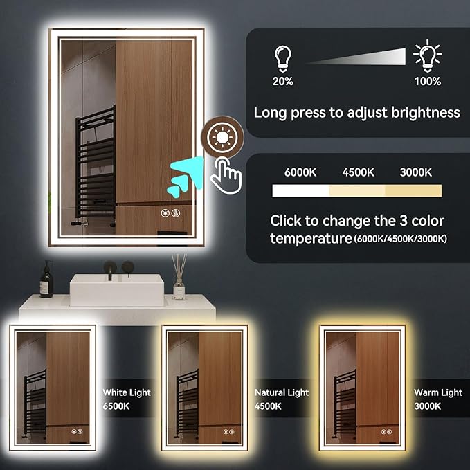Dry Vibe 24x36 LED Bathroom Mirror, Dimmable Front & Backlit, Anti-Fog, 3 Color Lighting, Wall Mounted