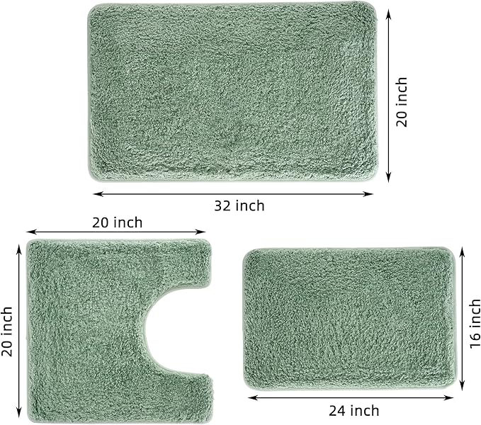 Dry Vibe 3-Piece Luxury Bathroom Rug Set, Ultra Soft Microfiber Bath Mats with Non-Slip Backing & U-Shaped Toilet Rug (Leaf Green)