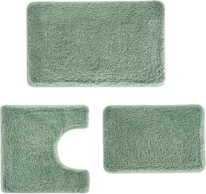 Dry Vibe 3-Piece Luxury Bathroom Rug Set, Ultra Soft Microfiber Bath Mats with Non-Slip Backing & U-Shaped Toilet Rug (Leaf Green)